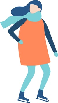 Young woman ice skating wearing winter clothes and scarf enjoying winter sports and outdoor activities, minimalist flat illustration vector