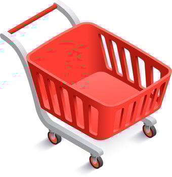 Red shopping cart waiting to be filled with groceries at the supermarket, featuring a long handle and four wheels, presented in isometric view against a white background vector