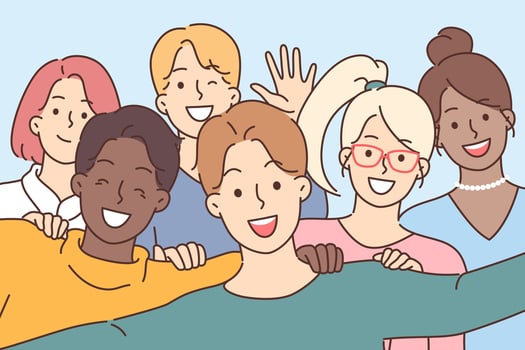 Selfies of multi-ethnic teenagers posing for photos together and smiling broadly vector