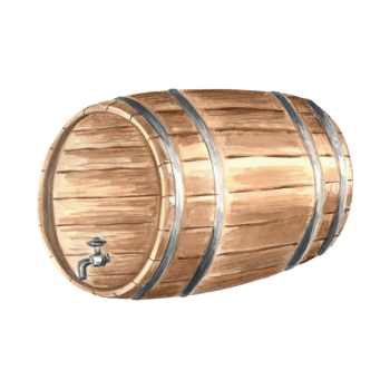 Wooden barrel, cask for rum. Keg for wine, whiskey or beer, with iron rings. Hand drawn watercolor illustration isolated. Oak container for alcoholic drink. Food industry. Clipart for packaging, print png