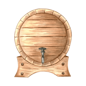 Wooden barrel, cask for rum. Keg for wine, whiskey or beer, with iron rings. Hand drawn watercolor illustration isolated. Oak container for alcoholic drink. Food industry. Clipart for packaging, print png