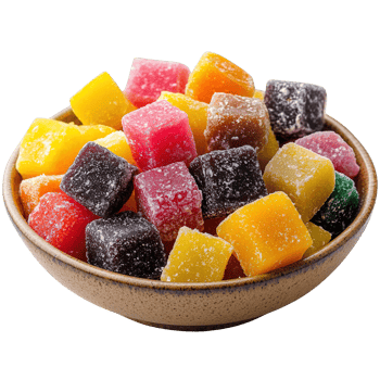 Colorful Gourmet Jelly Candies and Delights Served in Artisan Wooden Bowl png