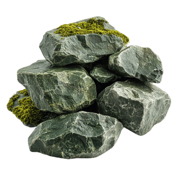 Rustic rock pile with green moss accents isolated on transparent background png