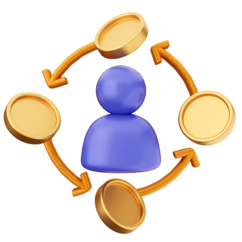 A person surrounded by coins and arrows png