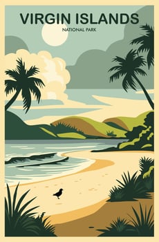 Virgin Islands National park USA travel poster in retro minimalist style. Beautiful american lanscape with sea beach, mountains and palm trees vector