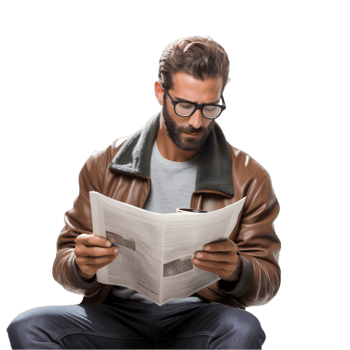 Isolated reader engrossed in newsprint cozy room background portrait photography indoor setting close-up concept png