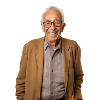 Joyful elderly man smiling in portrait studio warm environment close-up embracing life's moments png