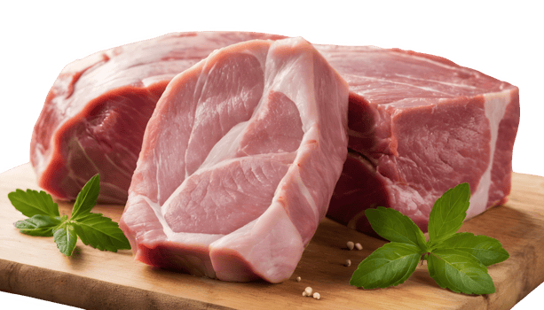 Three pieces of raw pork on a cutting board png
