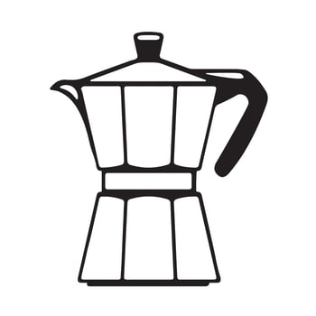 A simple black and white line art illustration of a classic Moka pot for brewing espresso, with a clean, graphic style vector