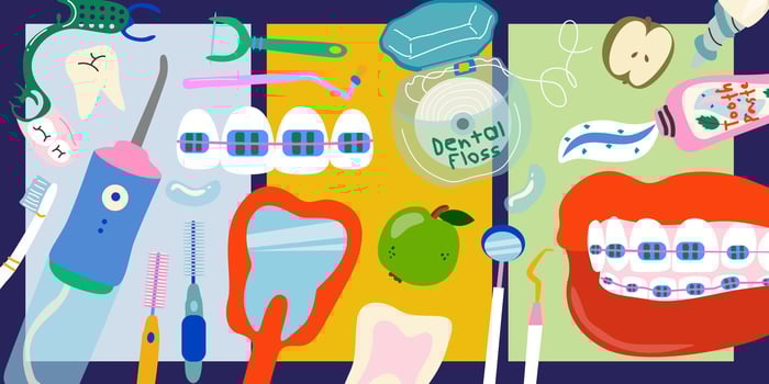 Bright dental retro poster. Orthodontic treatment of teeth. Healthy teeth bright banner. Different dental care accessories. Care of teeth with a brace system vector