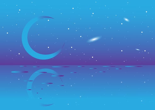 Banner with moon and ocean on violet background with stars in the universe. harmony of soul and body. Surrealistic landscape vector