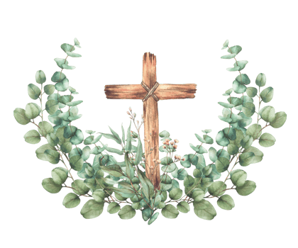 Wooden Cross tied with a rope with Eucalyptus plant green branches and pink flowers. Watercolor painted round composition isolated from background for first communion, baptism, Easter, wedding card. png
