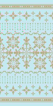 Delicate Grace Florals Border Decoration with Gold Weaves Embroidery Scroll Ornate on Light Blue Background. Exquisitely Vintage Flowers Garden Seamless Pattern for Luxury Elaborate Rich Design vector
