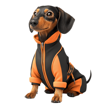 a dachshund dog wearing an orange and black jacket png