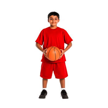 Young Boy Smiling While Holding Basketball in Bright Red Outfit png