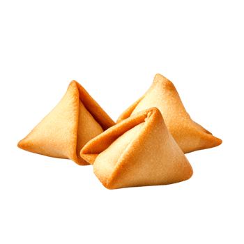 Three Golden Fried Pastries with Triangular Shape on Black Background png