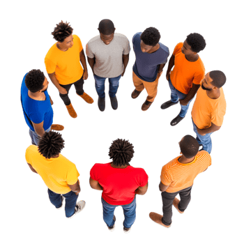 Diverse Group of Men Standing in Circle with Colorful T-Shirts png