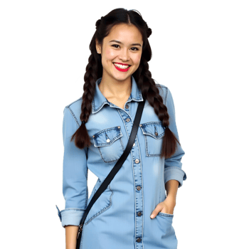 Stylish Woman in Blue Denim Dress Fashionable Outfit for Any Occasion png
