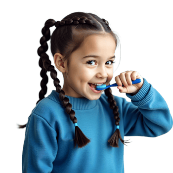 A young girl brushing her teeth with a blue toothbrush png
