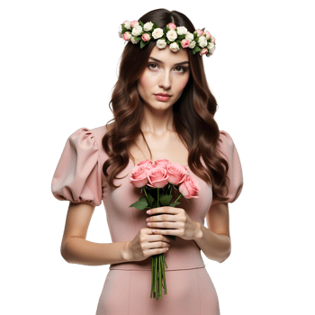Graceful Young Woman in Soft Pink Dress with Flowers Feminine Aesthetic png