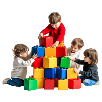 Children Playing Together with Colorful Building Blocks in Studio png