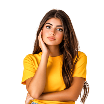 Young woman in bright yellow shirt posing against png