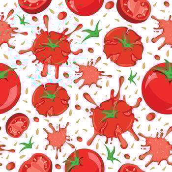 seamless pattern with tomato sauce blob and crushed tomato with green tails and yellow seeds and whole tomatoes, for various packaging or textile vector