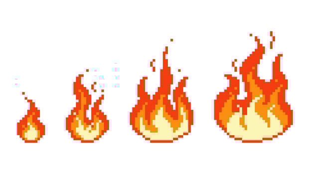 Burning pixel fire ignition. Small red bonfire turning into fiery hell consequences of explosion blazing with raging flame. vector