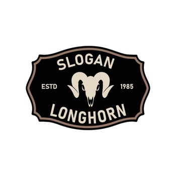 Vintage label logo design featuring a Texas Longhorn bull with a countryside illustration vector