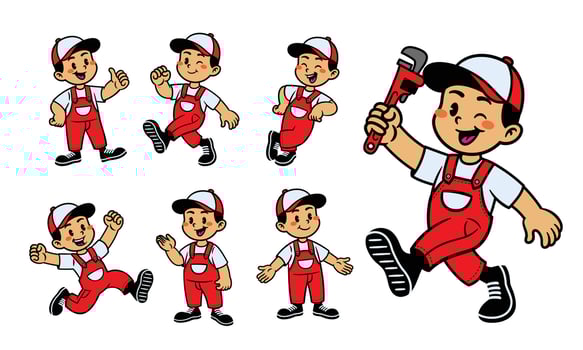 Joyful Cartoon Character Set Of Plumber vector
