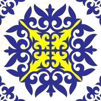 Portuguese tile azulejo. Moroccan tile mosaic. Talavera pattern. Spanish porcelain. Turkish ornament. Ceramic tableware. Spanish pottery. Ethnic Mediterranean seamless wallpaper for print, cards vector