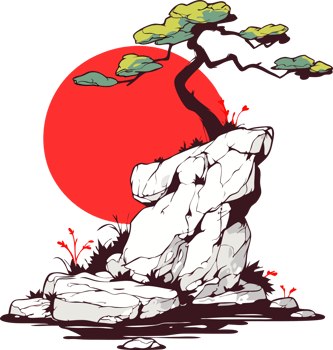 Bold Rock and Red Sun, Japanese Style Art, Minimalist Concept png