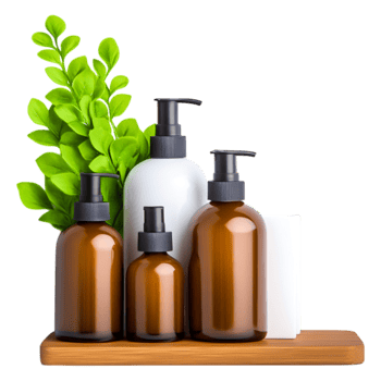 Elegant Display of Natural Cosmetic Bottles and Green Leaves png