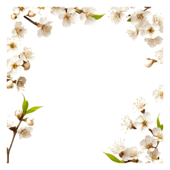 Delicate White Blossoms Framed by Branches and Green Leaves png