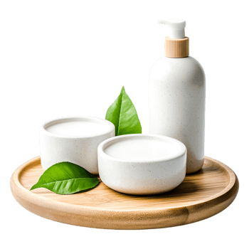 Natural Skincare Products on a Wooden Tray with Green Leaves png