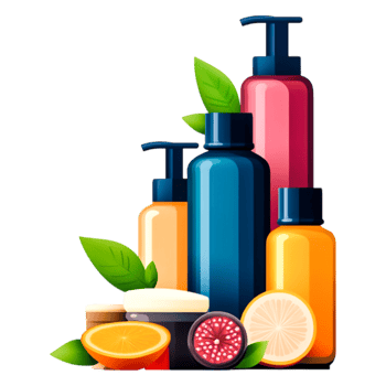 Colorful Cosmetic Bottles Surrounded by Fresh Fruits and Leaves png