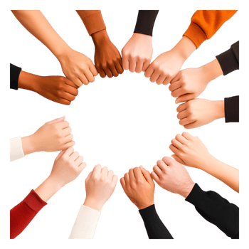 Diverse Hands Collaborating in a Circle Symbolizing Unity and Teamwork png