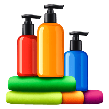 Colorful Bottles of Liquid Soap with Soft Towels for Cleaning png
