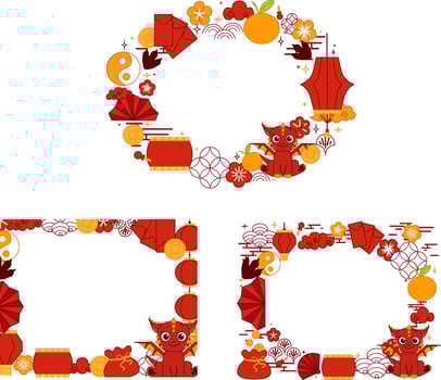Happy Chinese new year 2036 red Dragon. Lunar lantern festival new year oval frame set for show product. graphic line CNY lunar lantern festival Greeting card. vector