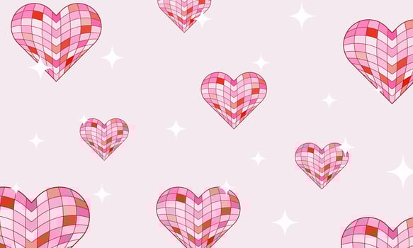 Trendy lovely pattern with heart shaped disco balls and star shapes. Abstract festive design in pink colors palette. Retro Valentines day banner template vector