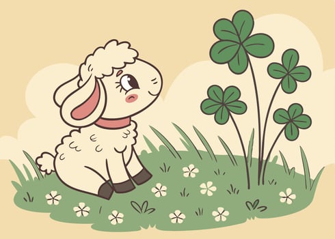 Fluffy lamb resting on clover field during sunny Easter vector