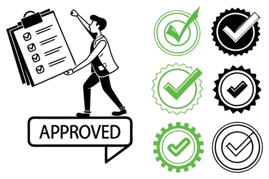 Approved Stamps, Certification Icons in Black and White vector