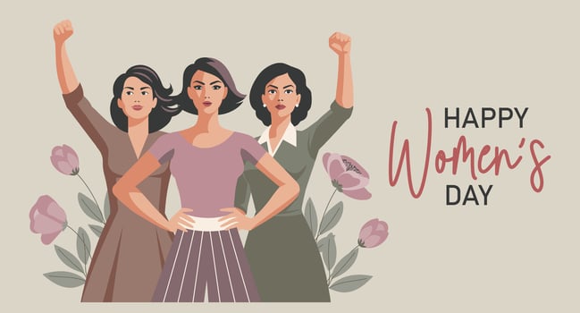 Happy Women's Day card. Young women with raised hands on background with flowers. Banner, poster, illustration vector