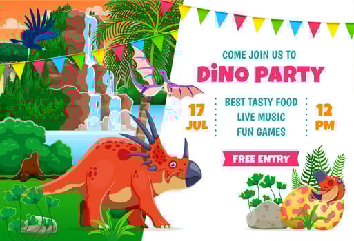 Kids party flyer with funny prehistoric dinosaurs and reptiles vector