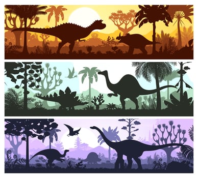 Prehistoric landscape with dinosaurs silhouettes vector
