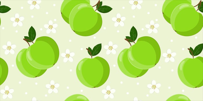 Seamless pattern with green apples and flowers vector