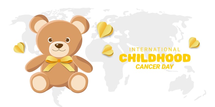 Banner for Fight Against Childhood Diseases. Template with Cute Teddy Bear, Yellow Bow, Hearts. International Childhood Cancer Day. Illustration. vector