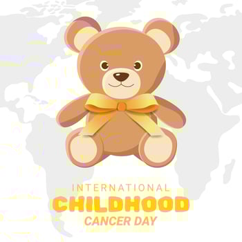 Poster for Fight Against Childhood Diseases. Template with Teddy Bear, Yellow Bow and World Map. International Childhood Cancer Day. Illustration. Space for Text. vector