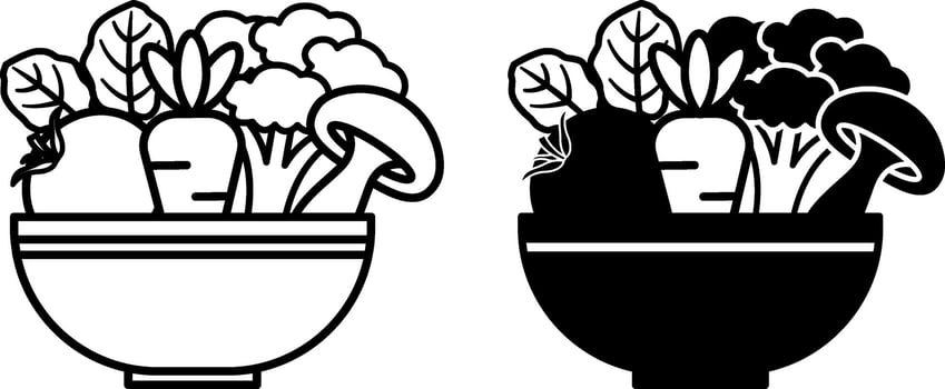Vegetarian Meal Icons. Black and White Drawings. Bowl With Tomato, Carrot, Mushroom, Broccoli And Salad. Vegetables. Natural And Organic Products, Healthy Eating. Food Concept vector