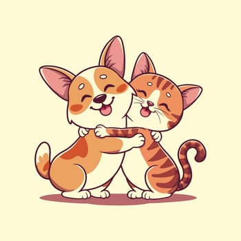 Cute Dog and Cat Hugging Illustration, Adorable Pet Friendship Art. vector